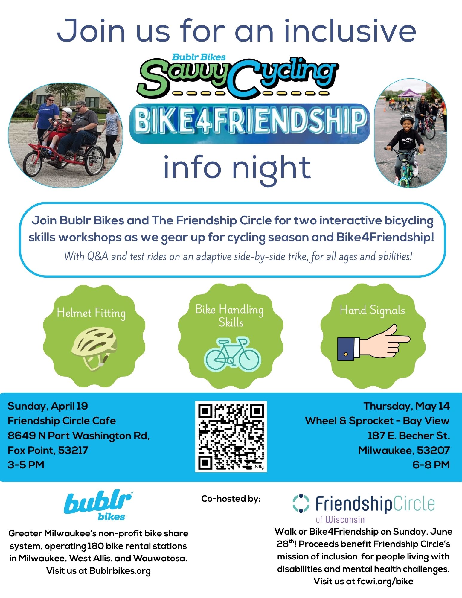 Flyer displays information about bike info workshops on Sunday, April 19th and Thursday, May 14th